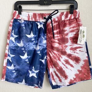 US Surf Club Mens Red Blue American Flag Drawstring Swim Trunks Size S Preowned